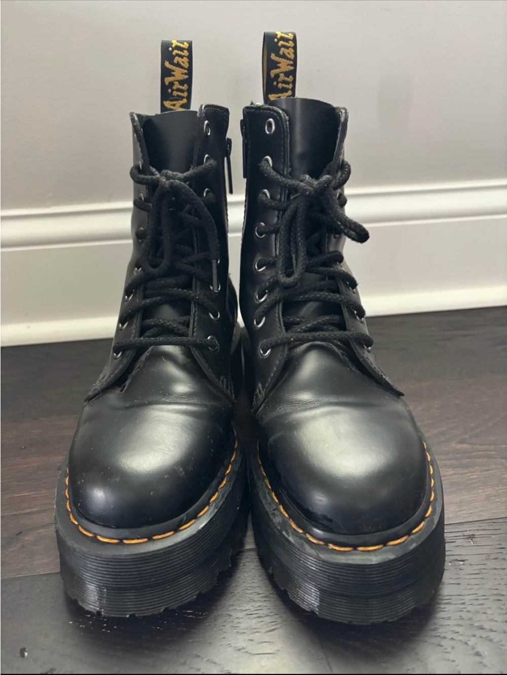 Dr. Martens Black Platform Lace-Up Boots with Yellow Stitching